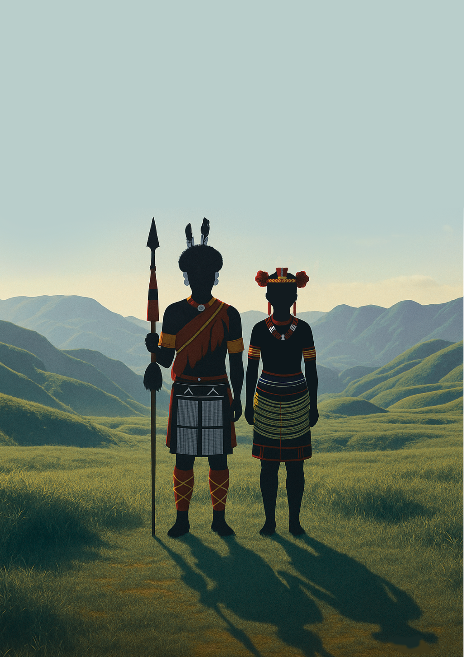 Nisapa and Nisala silhouetted against the Naga hills.